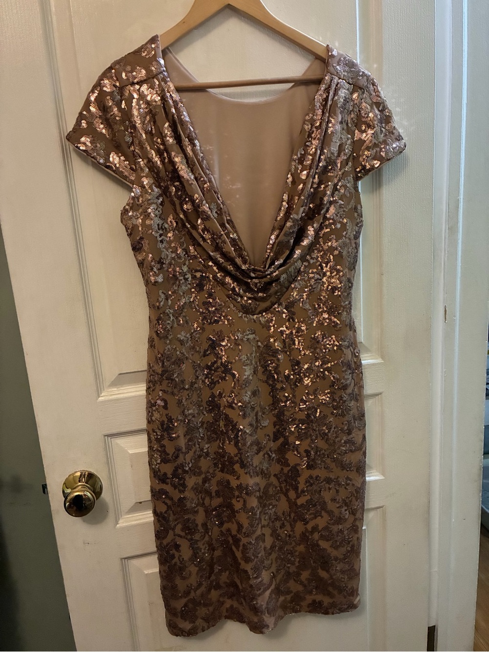Calvin Klein Women’s Rose Gold Sequin Cowl Neck Midi Dress. Size 14